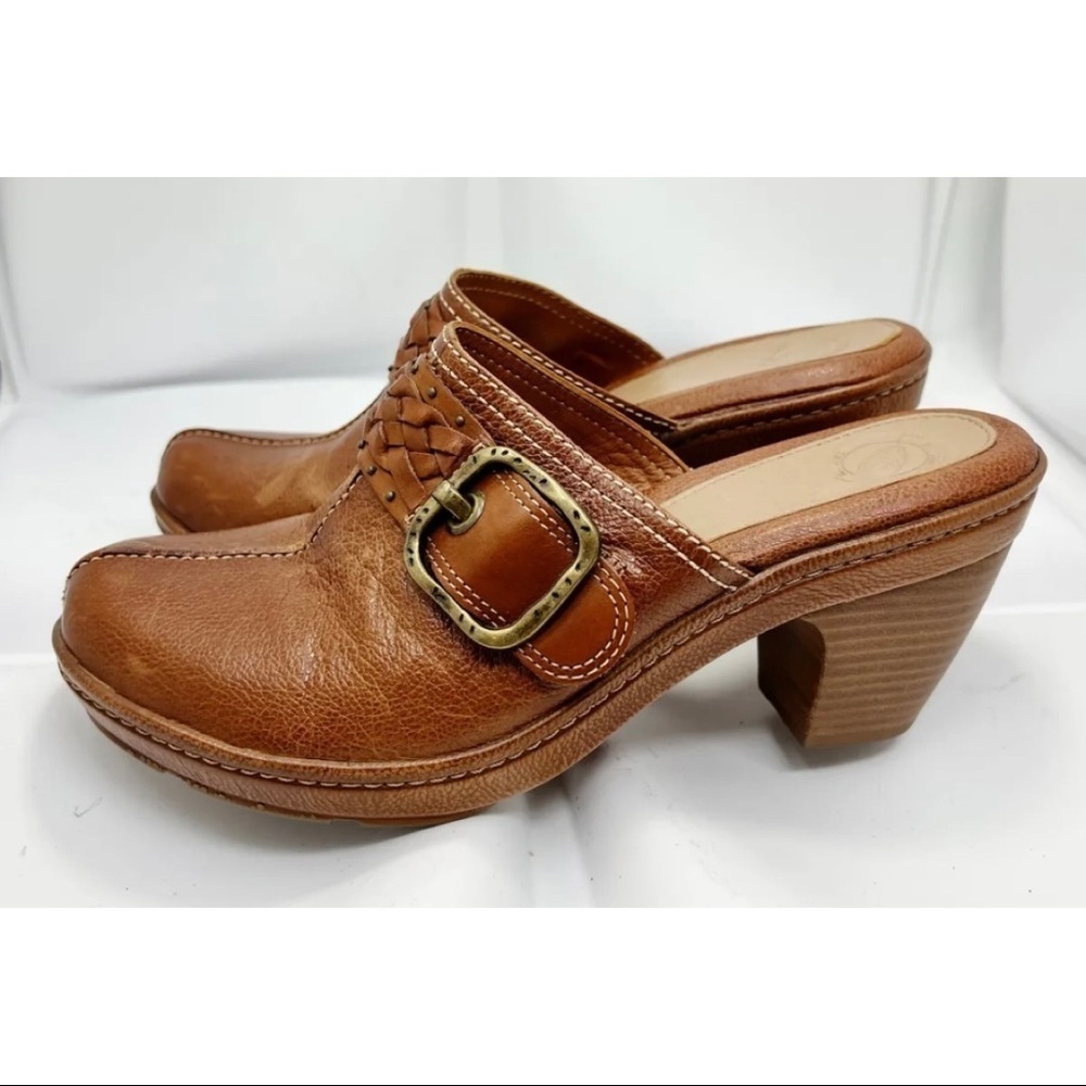 Nurture Sz 8.5 Brown Leather Braided Buckle Heeled Clogs Mules Platform Comfort